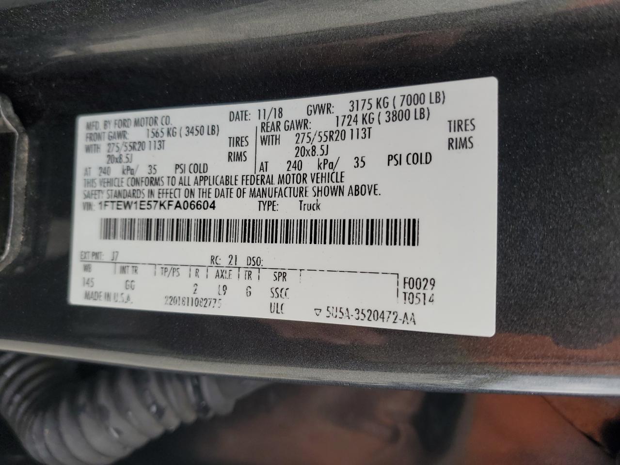 2019 Ford F150 Supercrew VIN: 1FTEW1E57KFA06604 Lot: 90654255