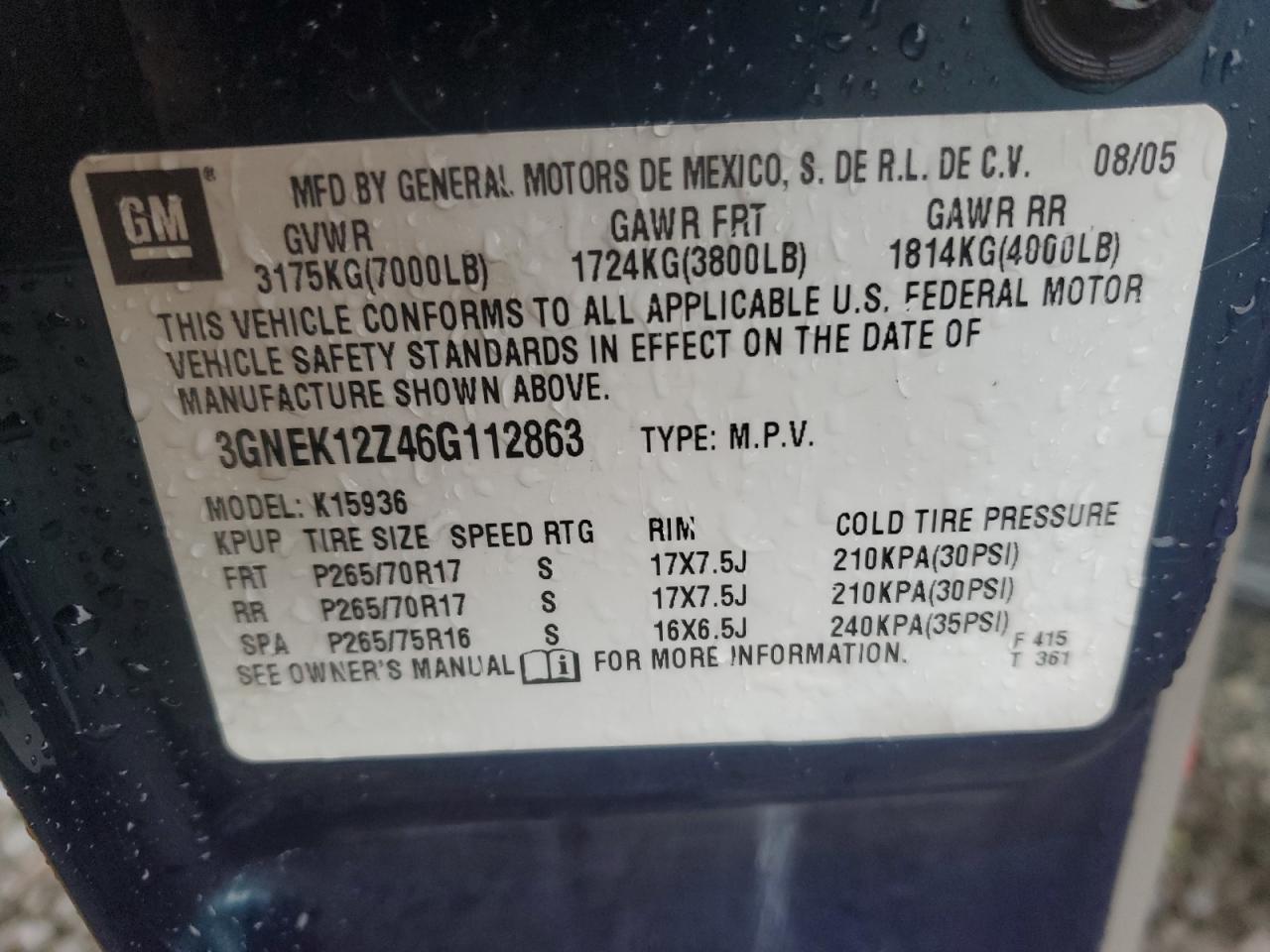 2006 Chevrolet Avalanche K1500 VIN: 3GNEK12Z46G112863 Lot: 84820055