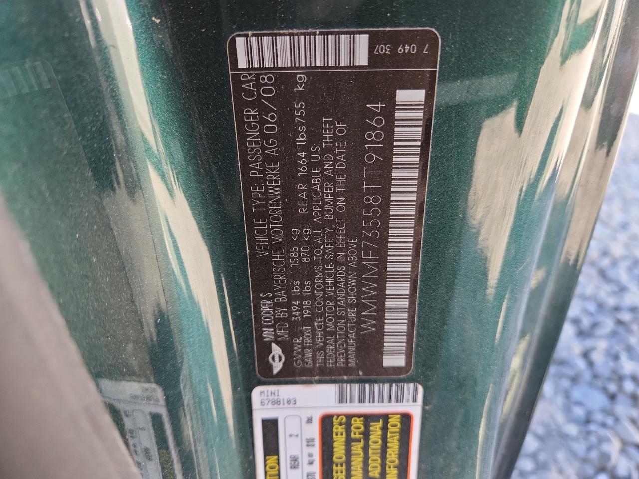 2008 Mini Cooper S VIN: WMWMF73558TT91864 Lot: 86667125