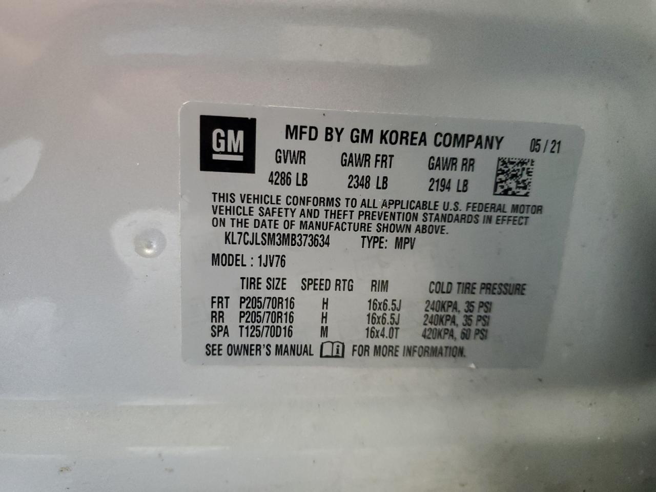 2021 Chevrolet Trax 1Lt VIN: KL7CJLSM3MB373634 Lot: 82276015