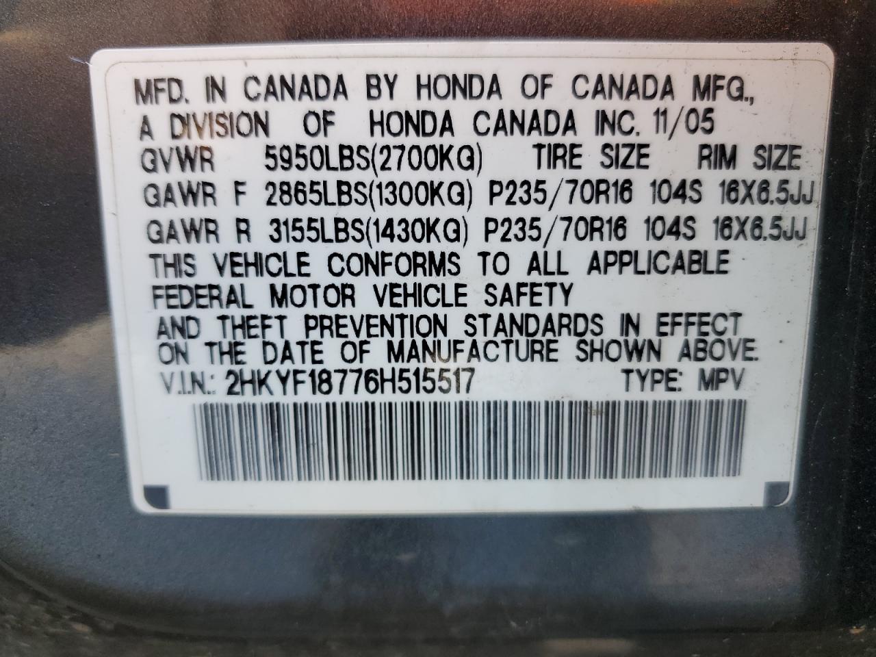 2006 Honda Pilot Ex VIN: 2HKYF18776H515517 Lot: 86972375
