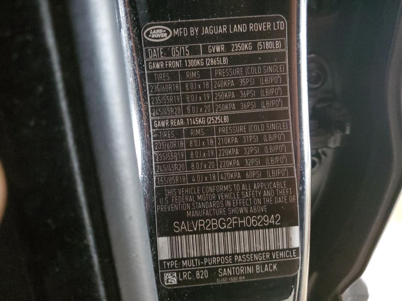 2015 Land Rover Range Rover Evoque Pure Premium VIN: SALVR2BG2FH062942 Lot: 82463085