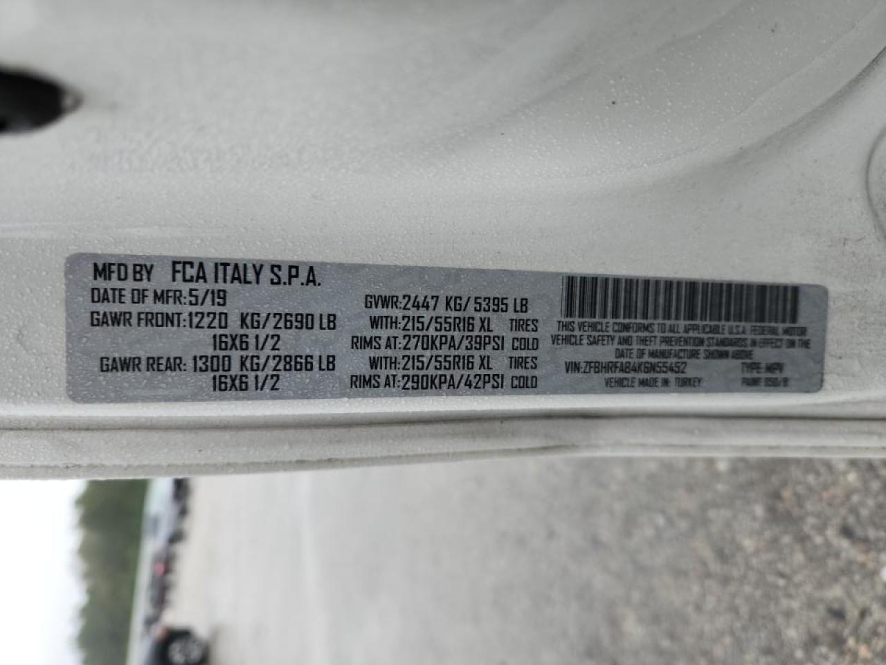 2019 Ram Promaster City Delivery Van VIN: ZFBHRFAB4K6N55452 Lot: 90231615