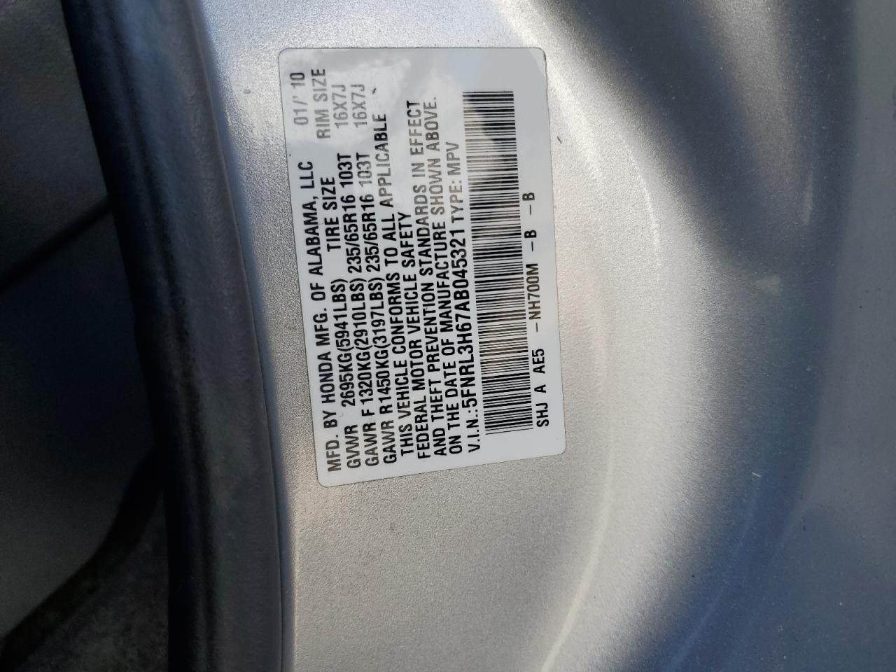 2010 Honda Odyssey Exl VIN: 5FNRL3H67AB045321 Lot: 85741755