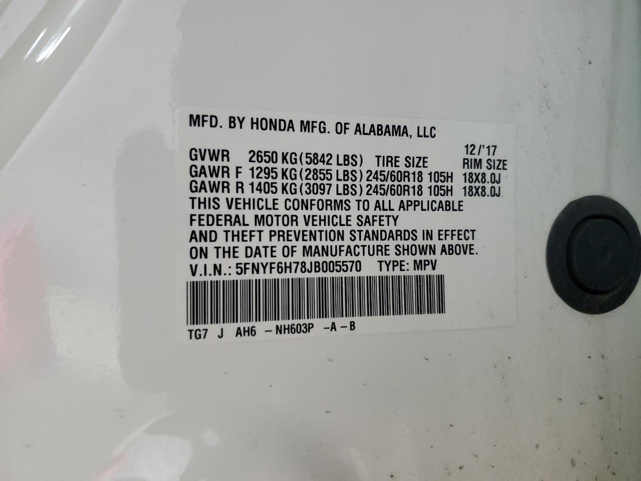 2018 Honda Pilot Exln VIN: 5FNYF6H78JB005570 Lot: 86235735