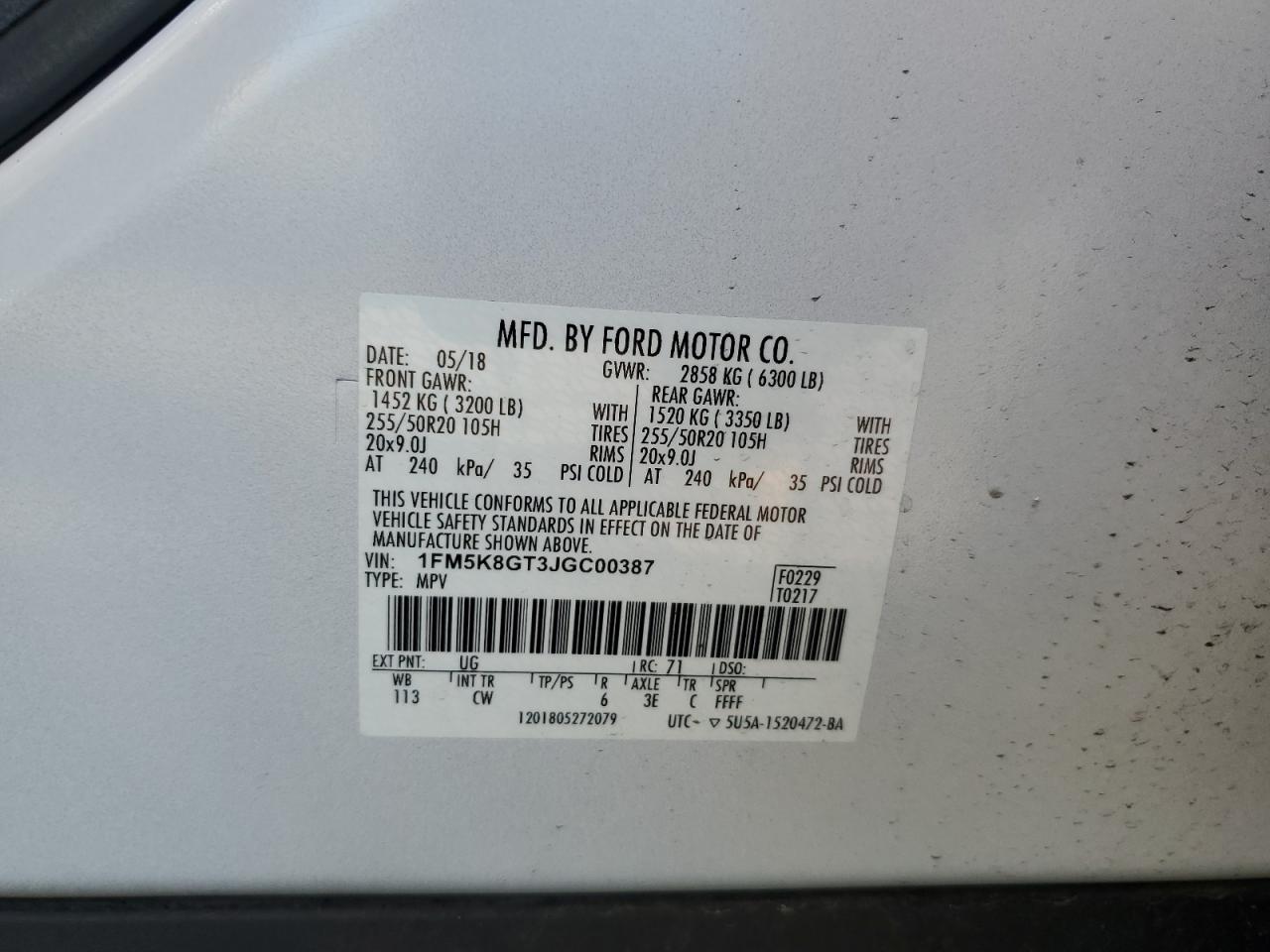 2018 Ford Explorer Sport VIN: 1FM5K8GT3JGC00387 Lot: 85305355