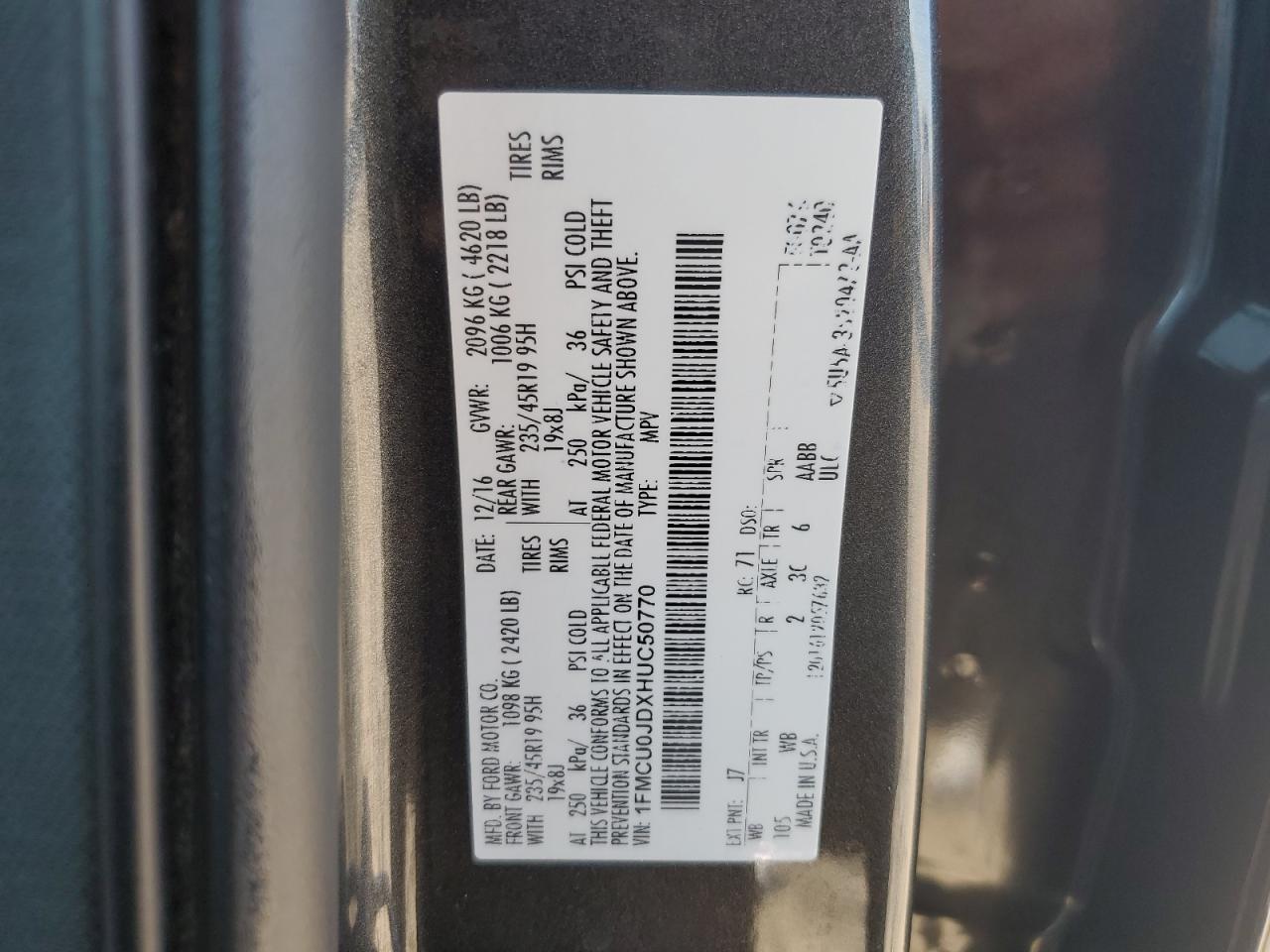 2017 Ford Escape Titanium VIN: 1FMCU0JDXHUC50770 Lot: 90301085