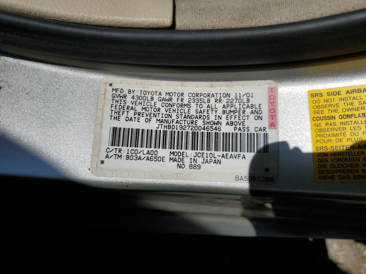 2002 Lexus Is 300 VIN: JTHBD192720046546 Lot: 90668395