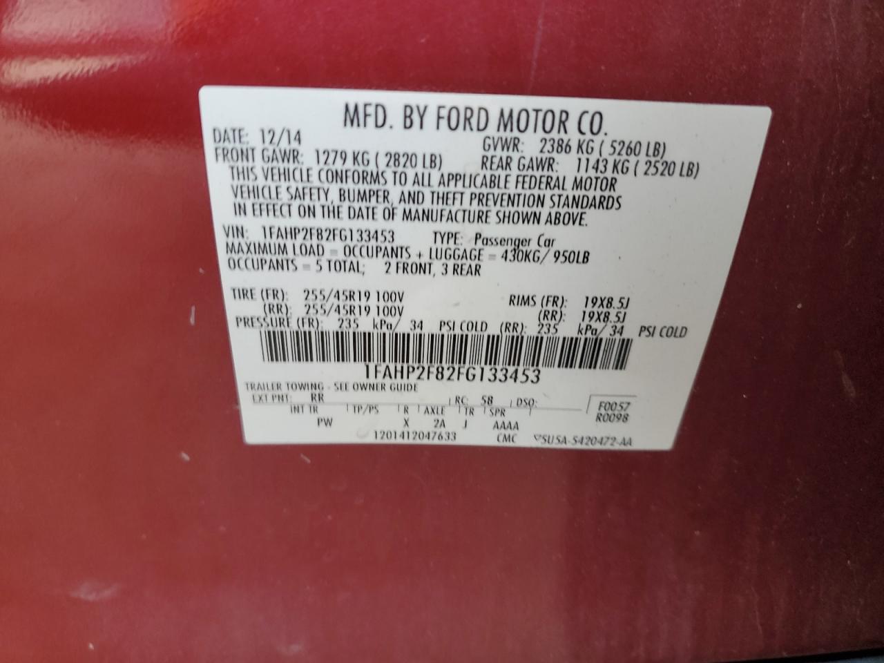 2015 Ford Taurus Limited VIN: 1FAHP2F82FG133453 Lot: 81984095