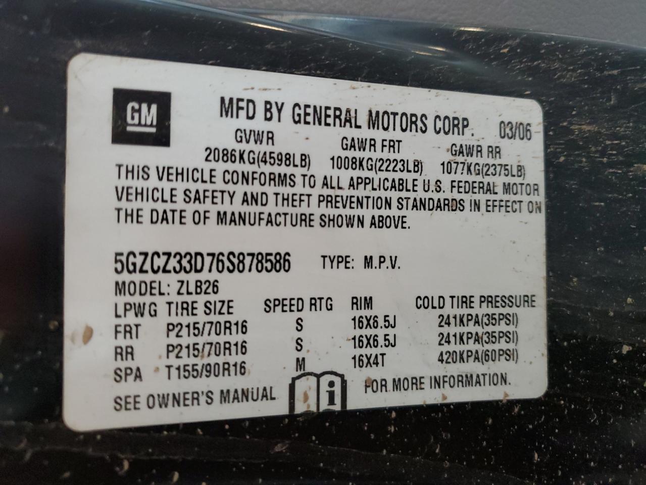 2006 Saturn Vue VIN: 5GZCZ33D76S878586 Lot: 94887225