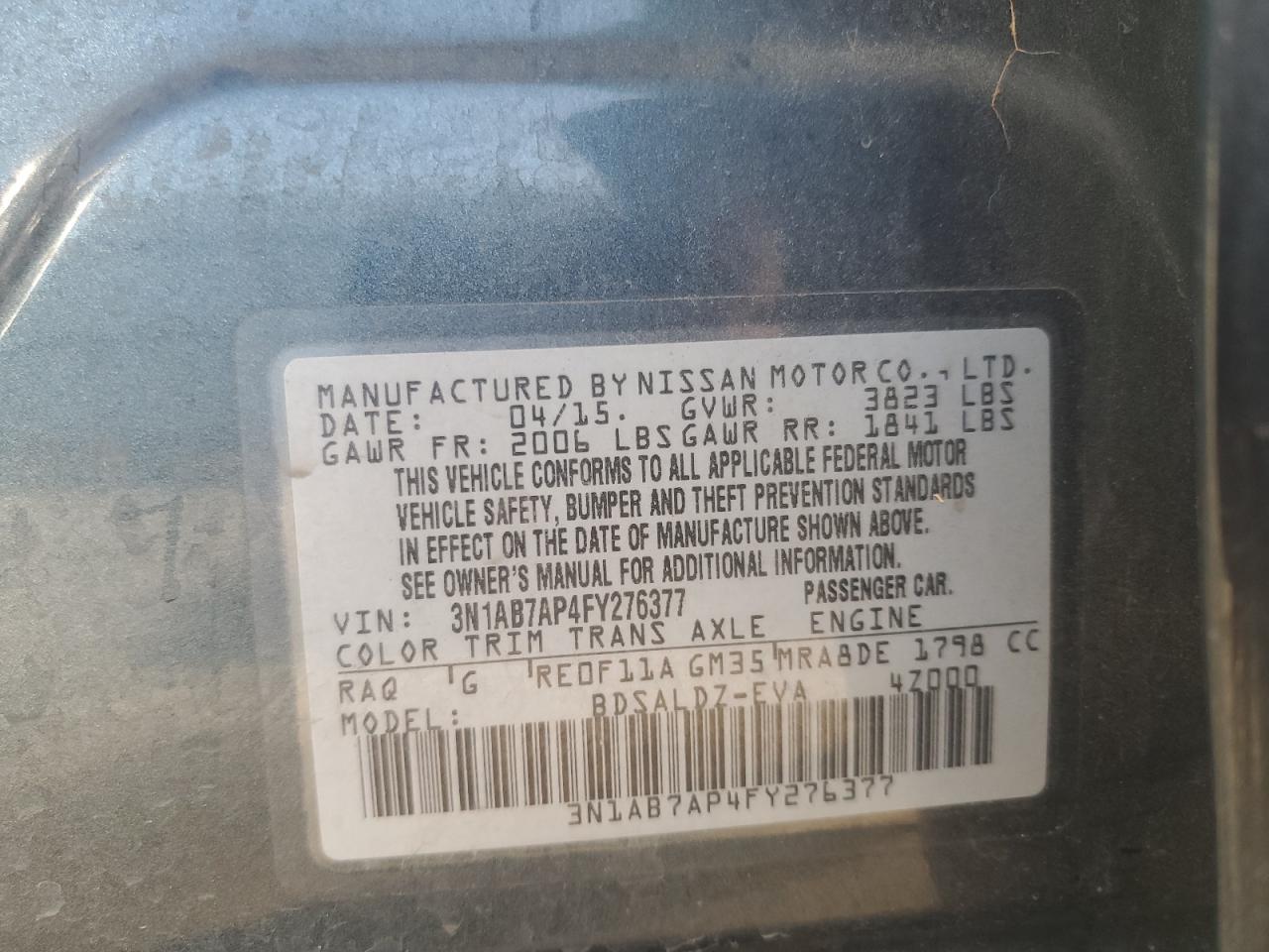 2015 Nissan Sentra S VIN: 3N1AB7AP4FY276377 Lot: 86104685