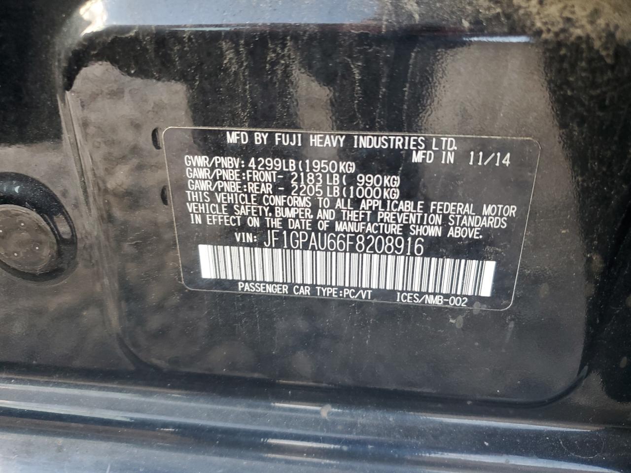 2015 Subaru Impreza Sport VIN: JF1GPAU66F8208916 Lot: 85271455