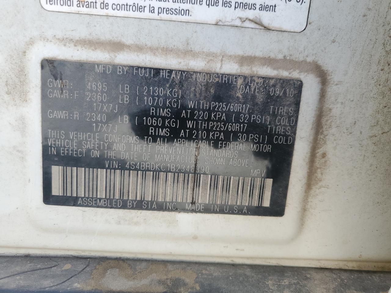 2011 Subaru Outback 3.6R Limited VIN: 4S4BRDKC1B2348390 Lot: 82376505