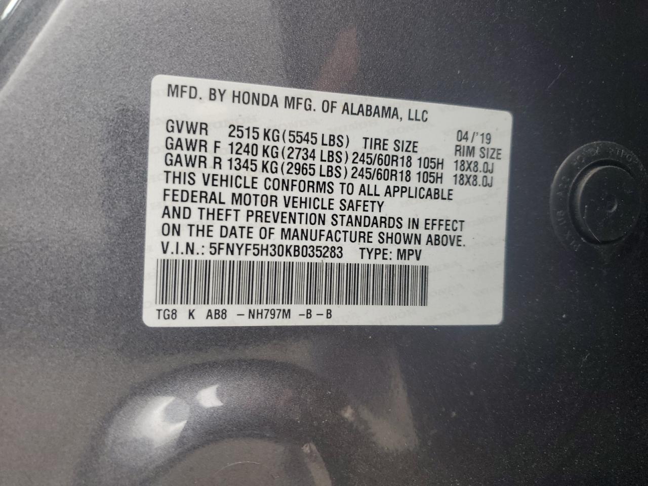 2019 Honda Pilot Ex VIN: 5FNYF5H30KB035283 Lot: 82543955