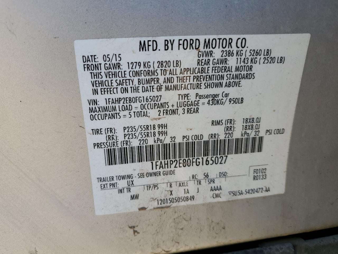 2015 Ford Taurus Sel VIN: 1FAHP2E80FG165027 Lot: 90847035