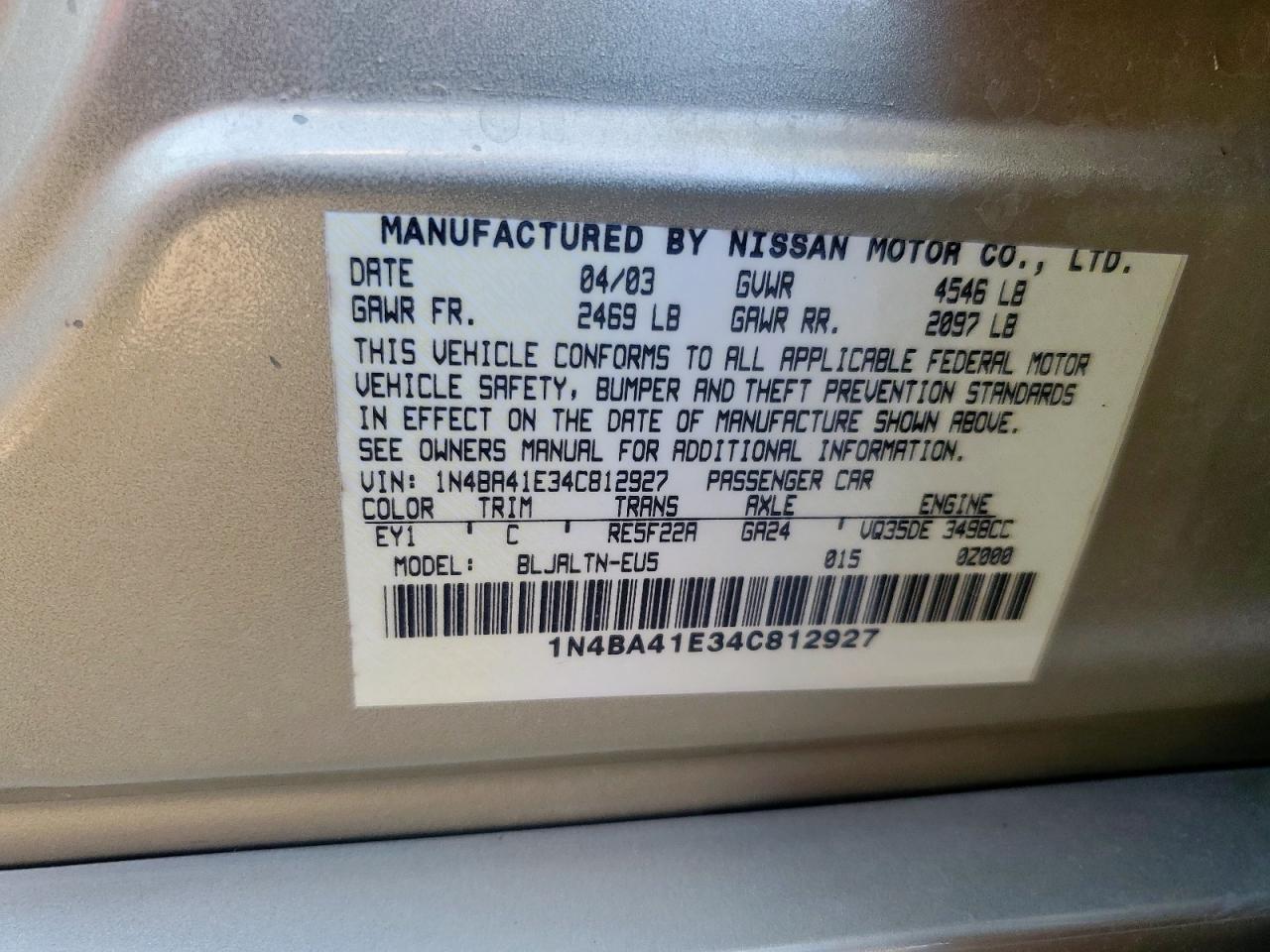 2004 Nissan Maxima Se VIN: 1N4BA41E34C812927 Lot: 84872495