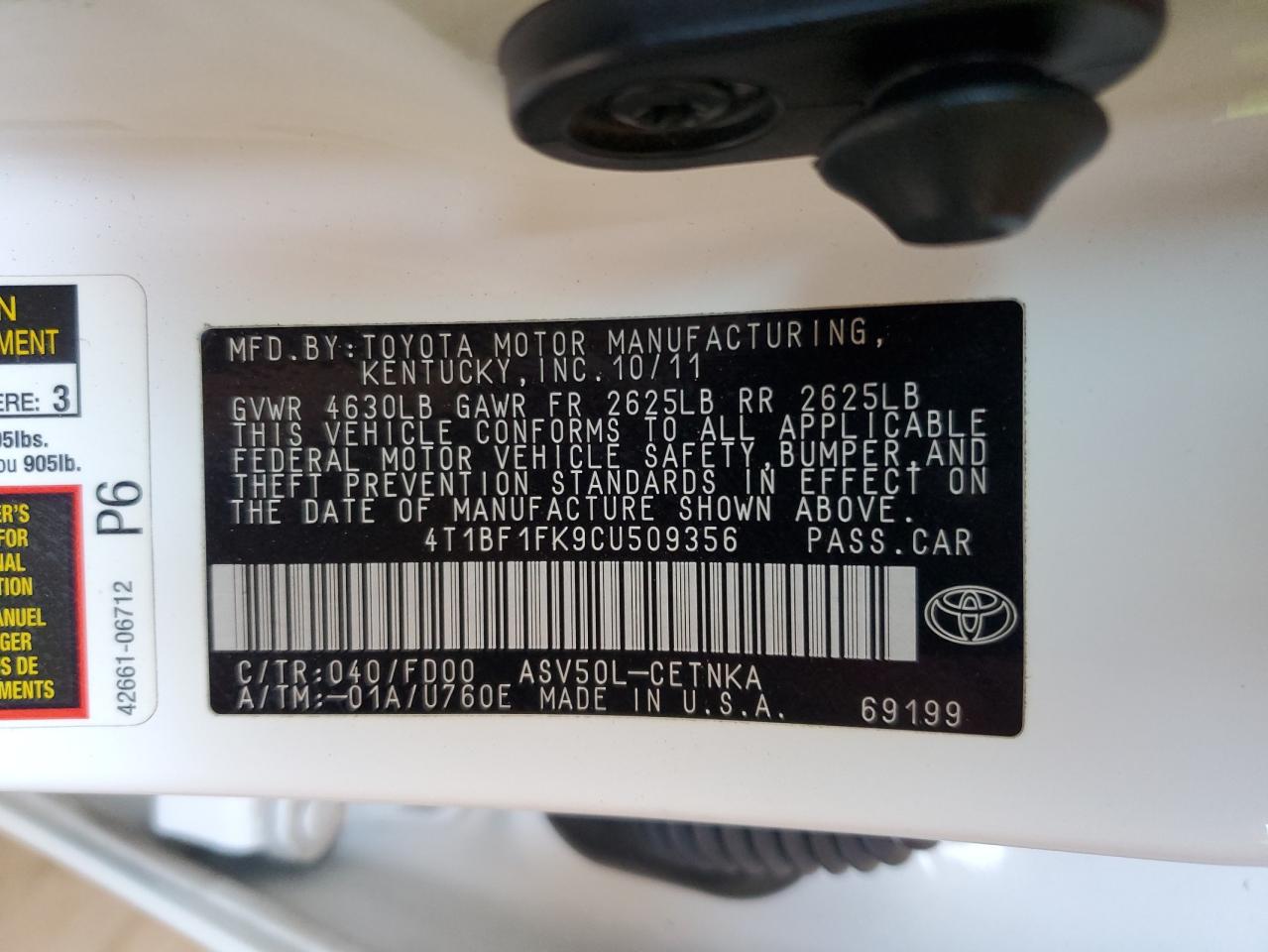 2012 Toyota Camry Base VIN: 4T1BF1FK9CU509356 Lot: 89713895