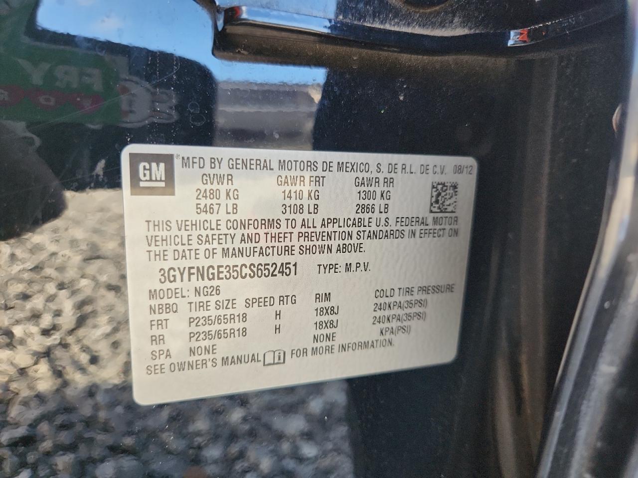 2012 Cadillac Srx VIN: 3GYFNGE35CS652451 Lot: 84791595