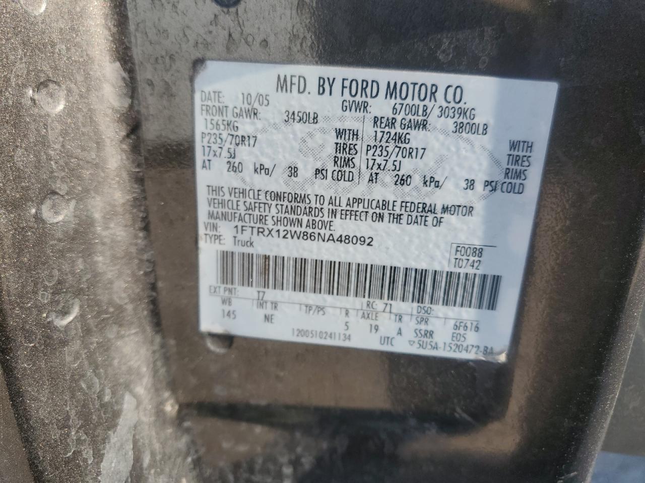 2006 Ford F150 VIN: 1FTRX12W86NA48092 Lot: 90298015