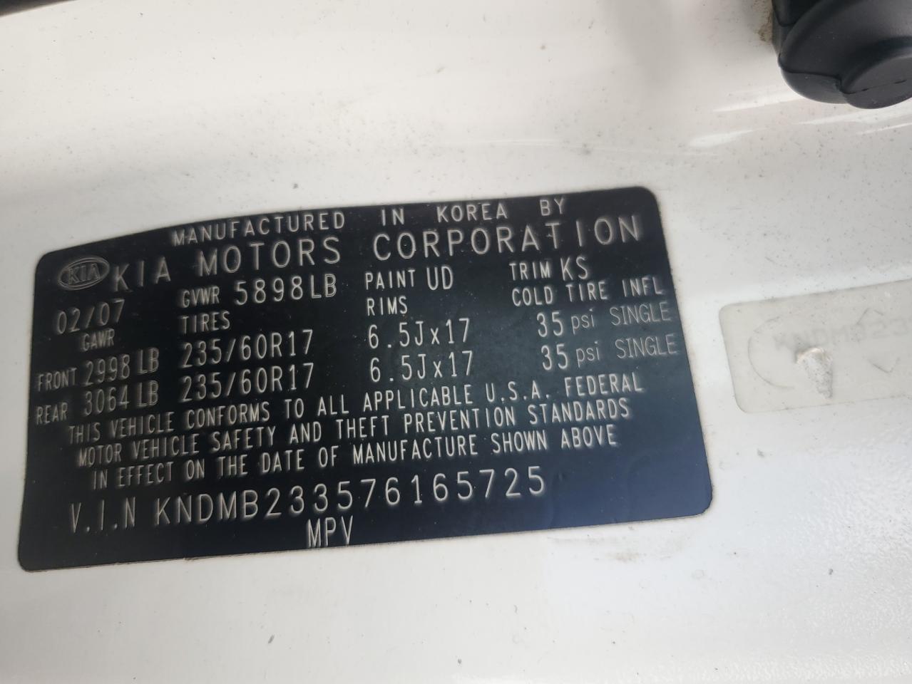 2007 Kia Sedona Ex VIN: KNDMB233576165725 Lot: 85779165