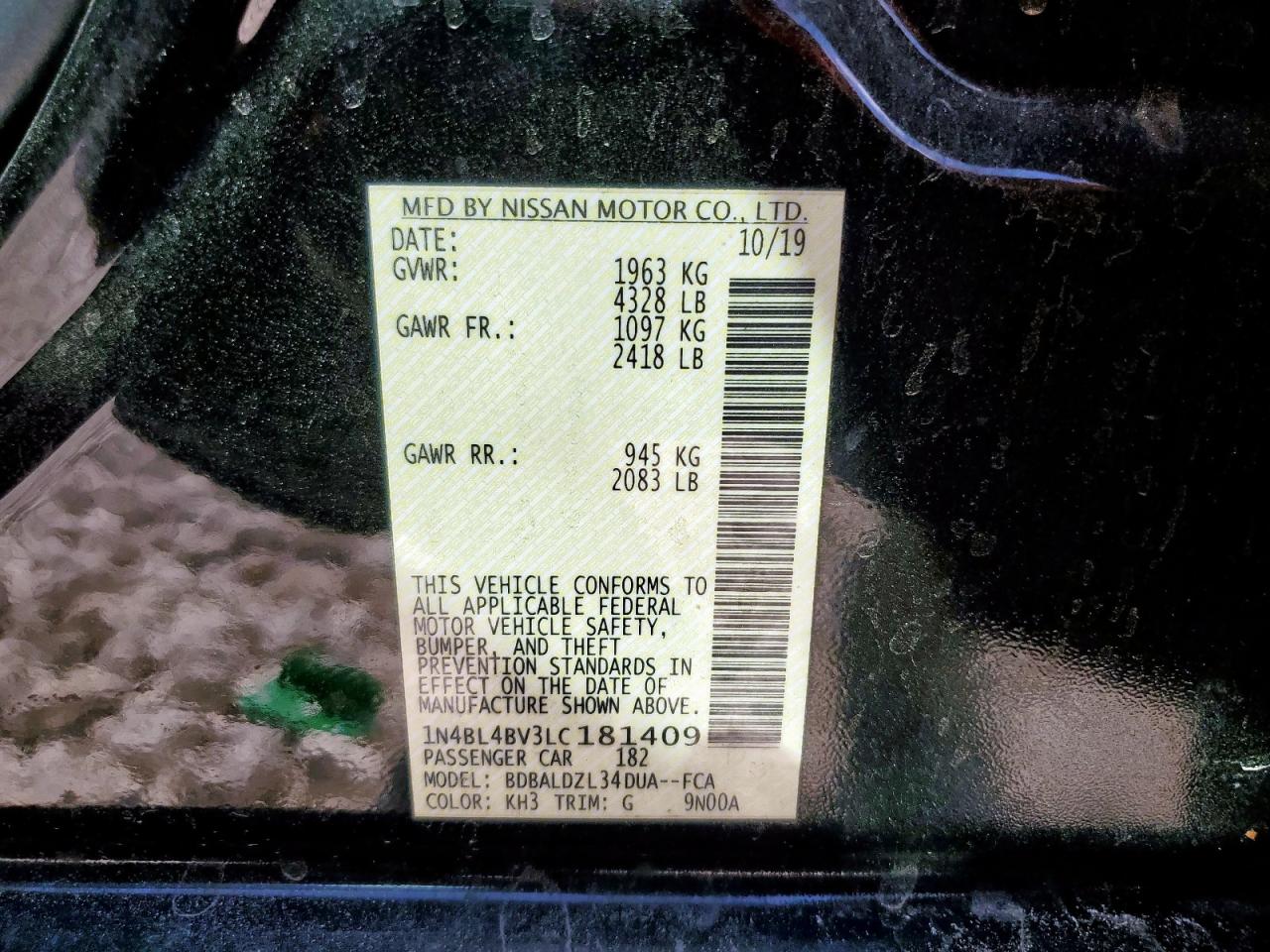 2020 Nissan Altima S VIN: 1N4BL4BV3LC181409 Lot: 82328745