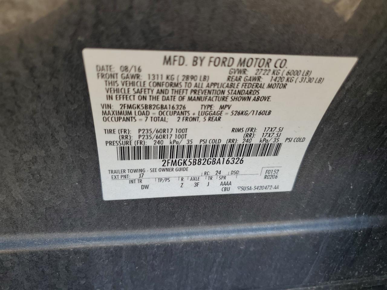 2016 Ford Flex Se VIN: 2FMGK5B82GBA16326 Lot: 82423595