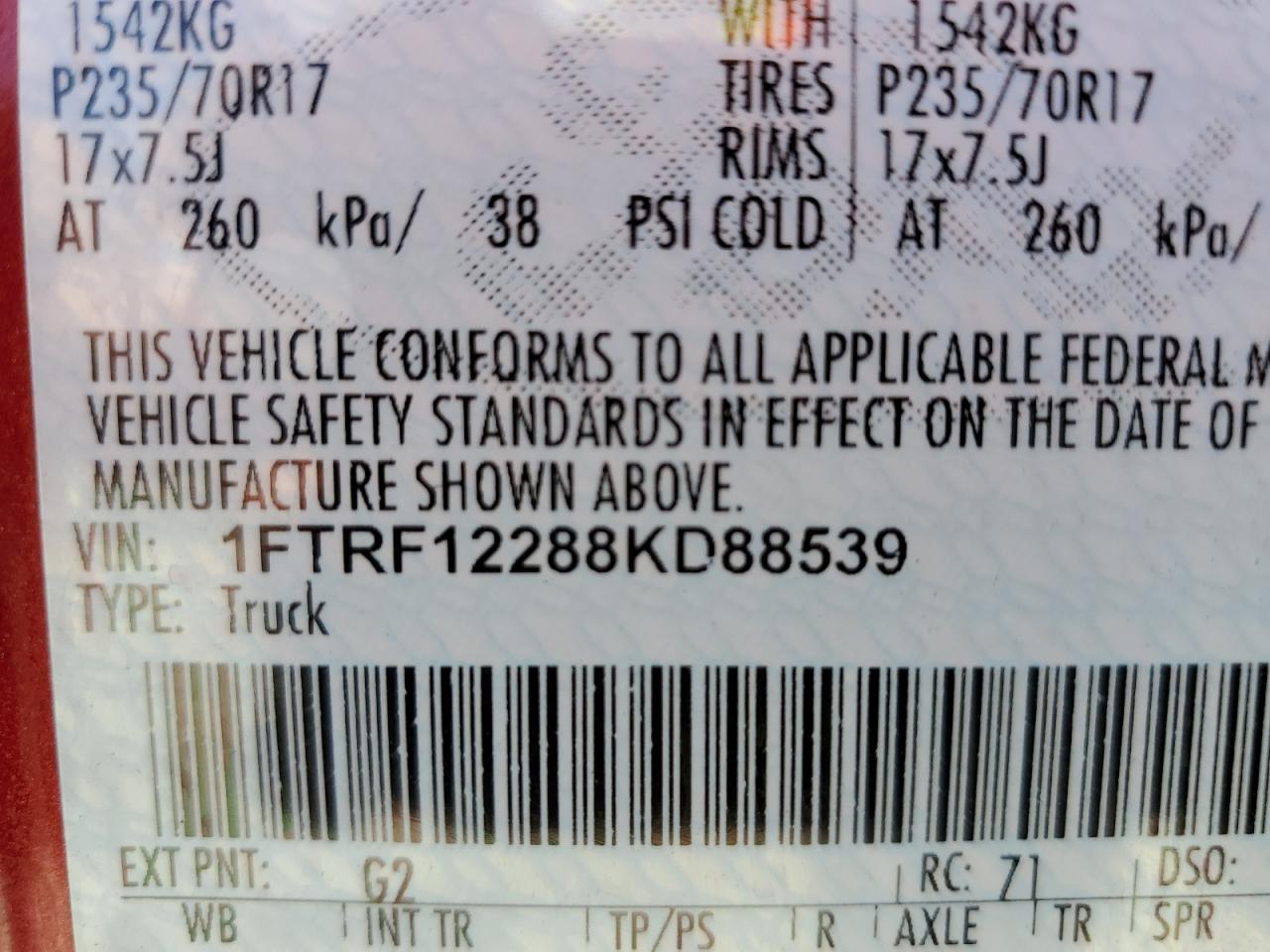 2008 Ford F150 VIN: 1FTRF12288KD88539 Lot: 85566505