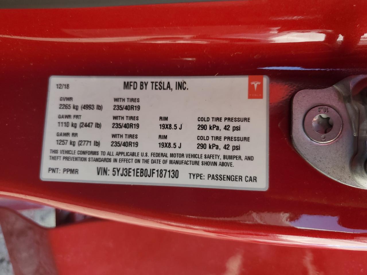 2018 Tesla Model 3 VIN: 5YJ3E1EB0JF187130 Lot: 87484875