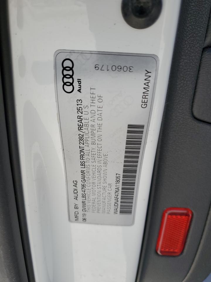 2019 Audi A4 Premium VIN: WAUDNAF47KA118057 Lot: 87046215