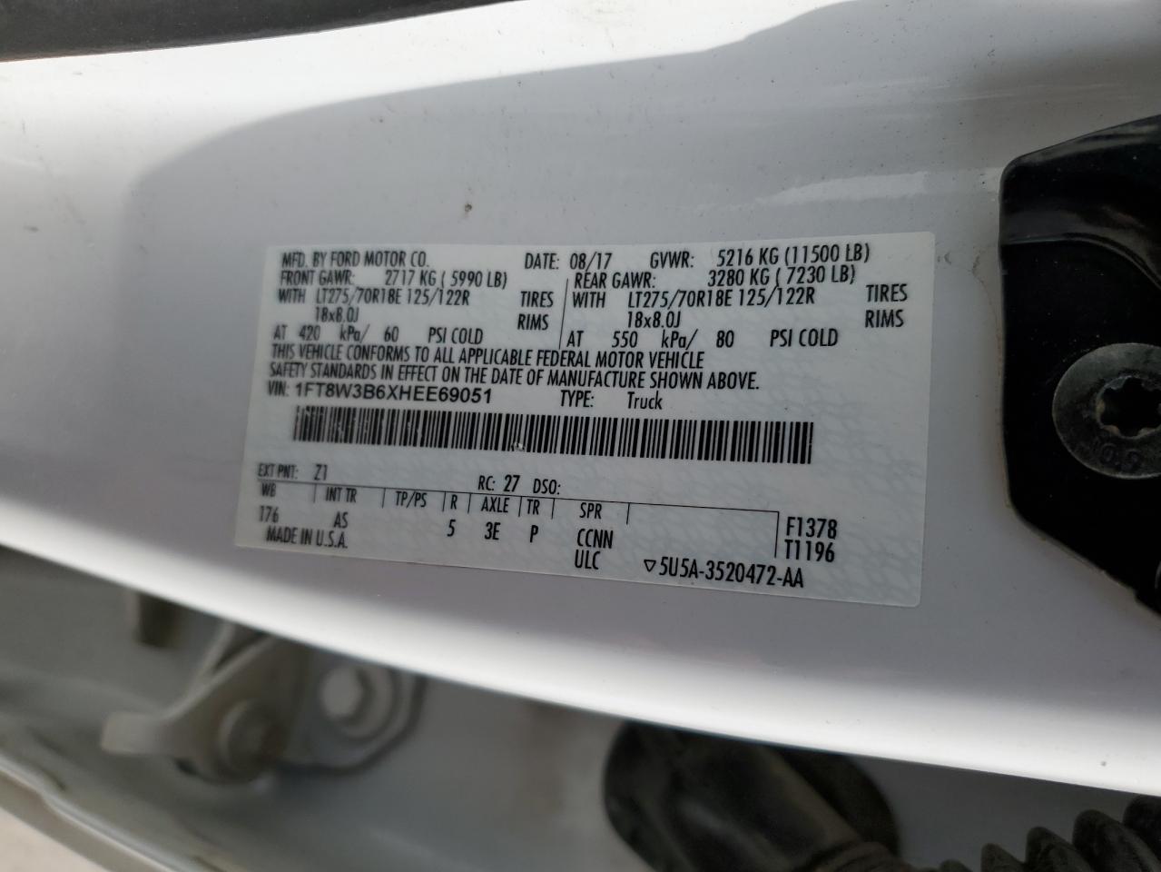 2017 Ford F350 Super Duty VIN: 1FT8W3B6XHEE69051 Lot: 87267105