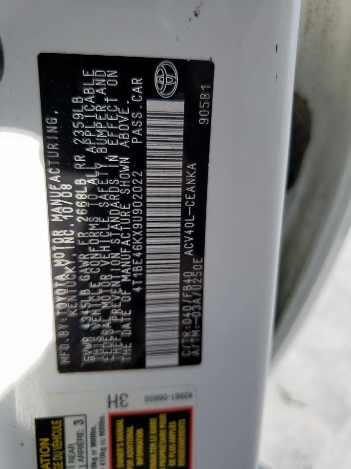 2009 Toyota Camry Base VIN: 4T1BE46KX9U902022 Lot: 85487835