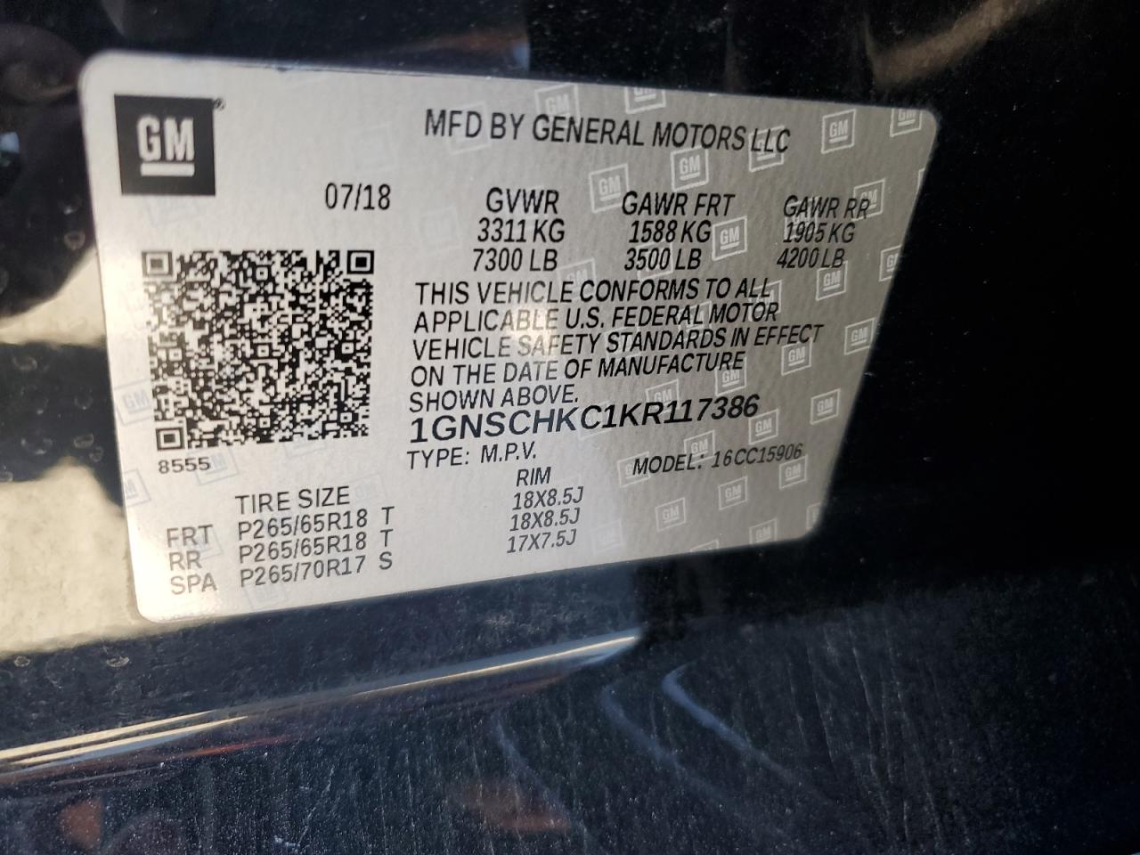 2019 Chevrolet Suburban C1500 Lt VIN: 1GNSCHKC1KR117386 Lot: 87294265