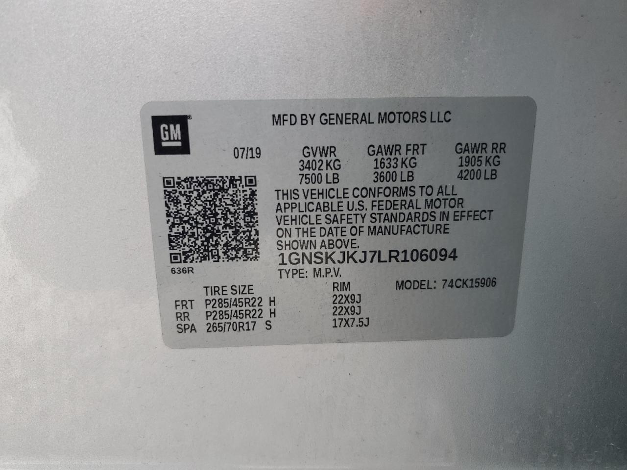 2020 Chevrolet Suburban K1500 Premier VIN: 1GNSKJKJ7LR106094 Lot: 87107005