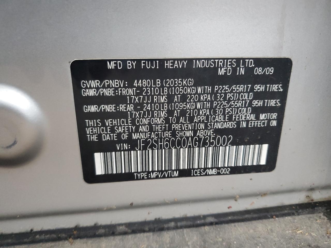 2010 Subaru Forester 2.5X Premium VIN: JF2SH6CC0AG735002 Lot: 86475705