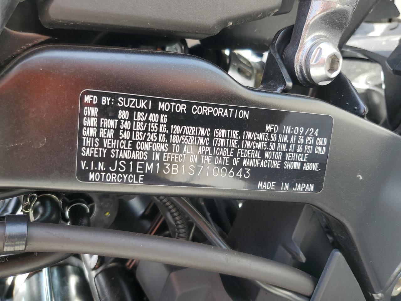 2025 Suzuki Gsx800 F VIN: JS1EM13B1S7100643 Lot: 82209925
