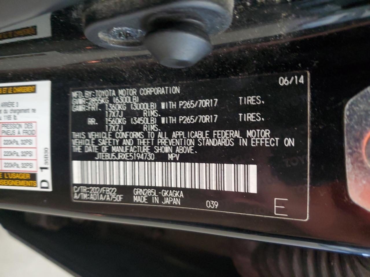 2014 Toyota 4Runner Sr5 VIN: JTEBU5JRXE5194730 Lot: 86430705