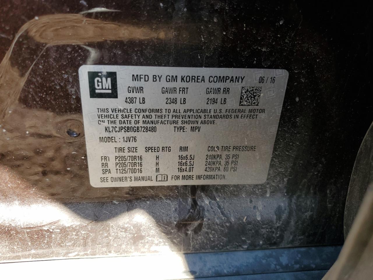 2016 Chevrolet Trax 1Lt VIN: KL7CJPSB0GB728480 Lot: 81936775