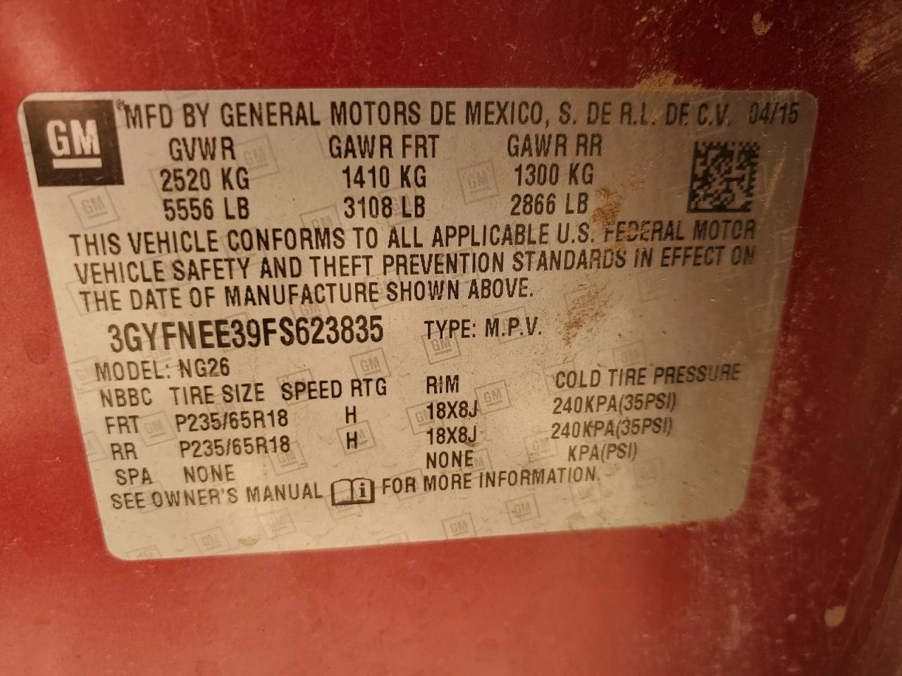 2015 Cadillac Srx Luxury Collection VIN: 3GYFNEE39FS623835 Lot: 70680425