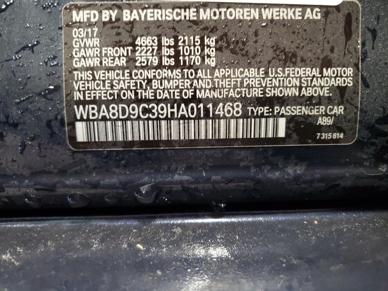 2017 BMW 330 Xi VIN: WBA8D9C39HA011468 Lot: 86142215