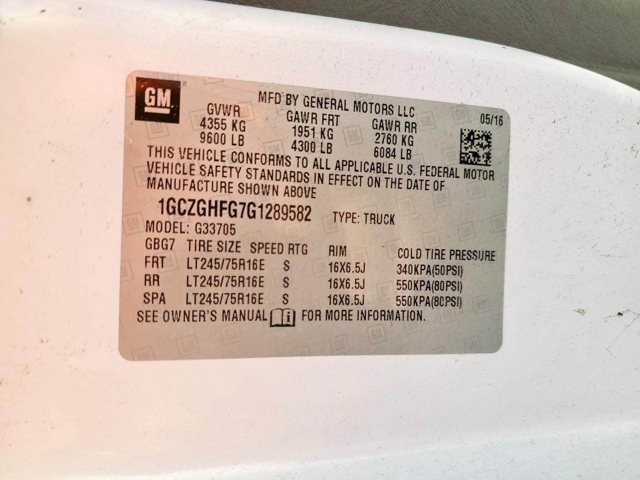 2016 Chevrolet Express G3500 VIN: 1GCZGHFG7G1289582 Lot: 85127135