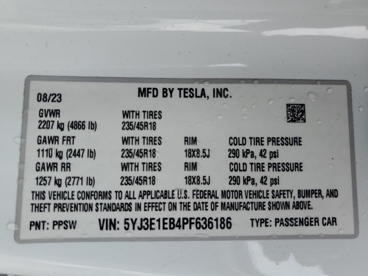 2023 Tesla Model 3 VIN: 5YJ3E1EB4PF636186 Lot: 86162995
