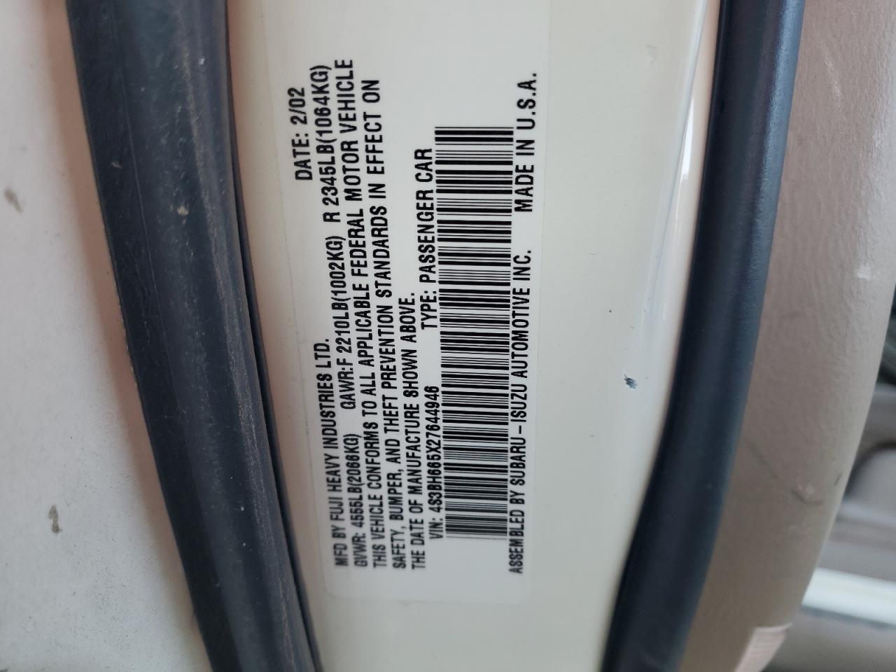 2002 Subaru Legacy Outback VIN: 4S3BH665X27644946 Lot: 86716055