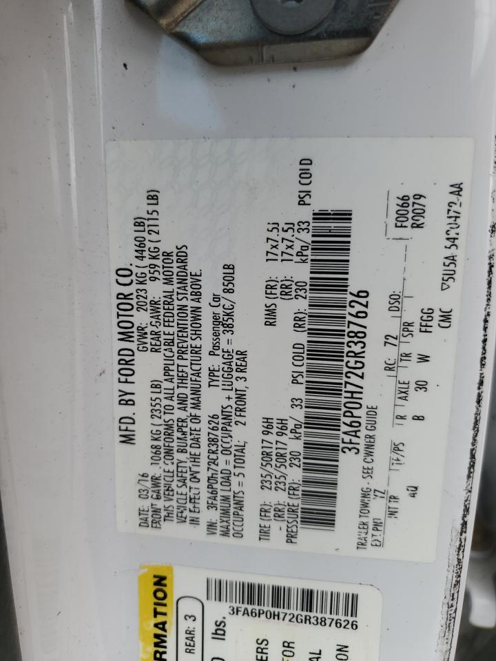 2016 Ford Fusion Se VIN: 3FA6P0H72GR387626 Lot: 85592455