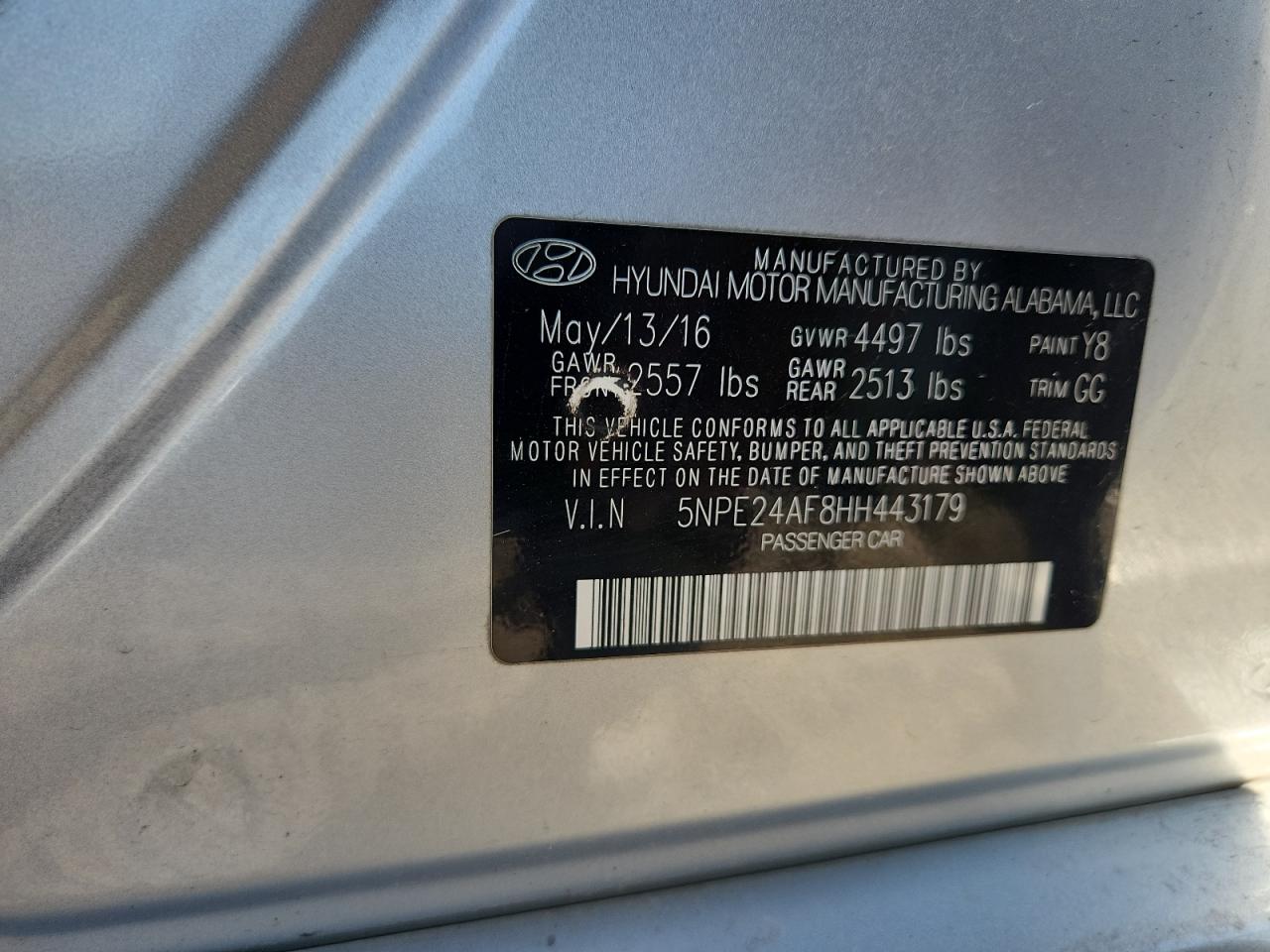 2017 Hyundai Sonata Se VIN: 5NPE24AF8HH443179 Lot: 85366955