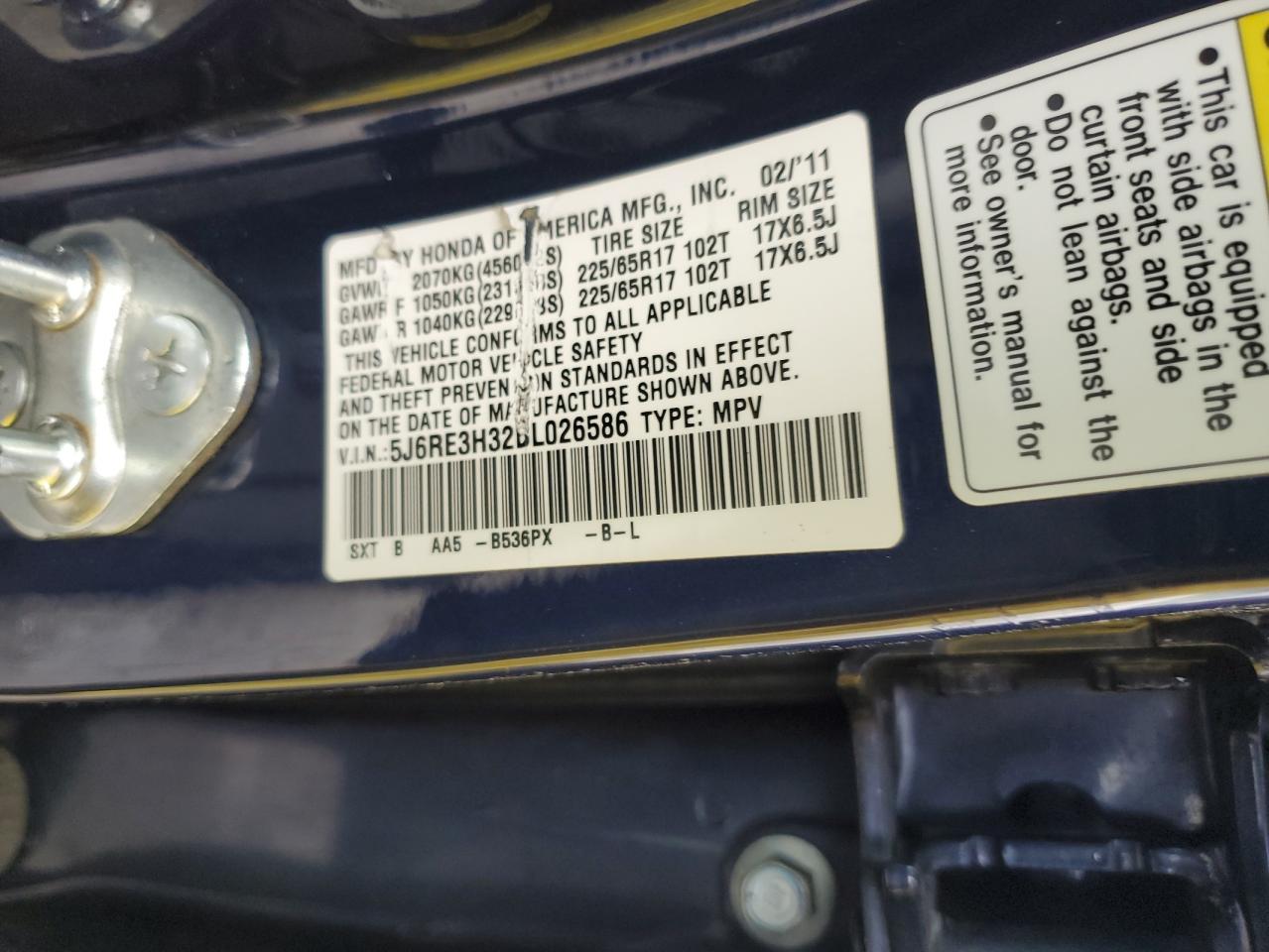 2011 Honda Cr-V Lx VIN: 5J6RE3H32BL026586 Lot: 82493815