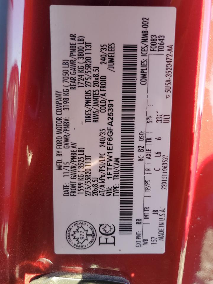 2016 Ford F150 Supercrew VIN: 1FTFW1EF6GFA25391 Lot: 87445235