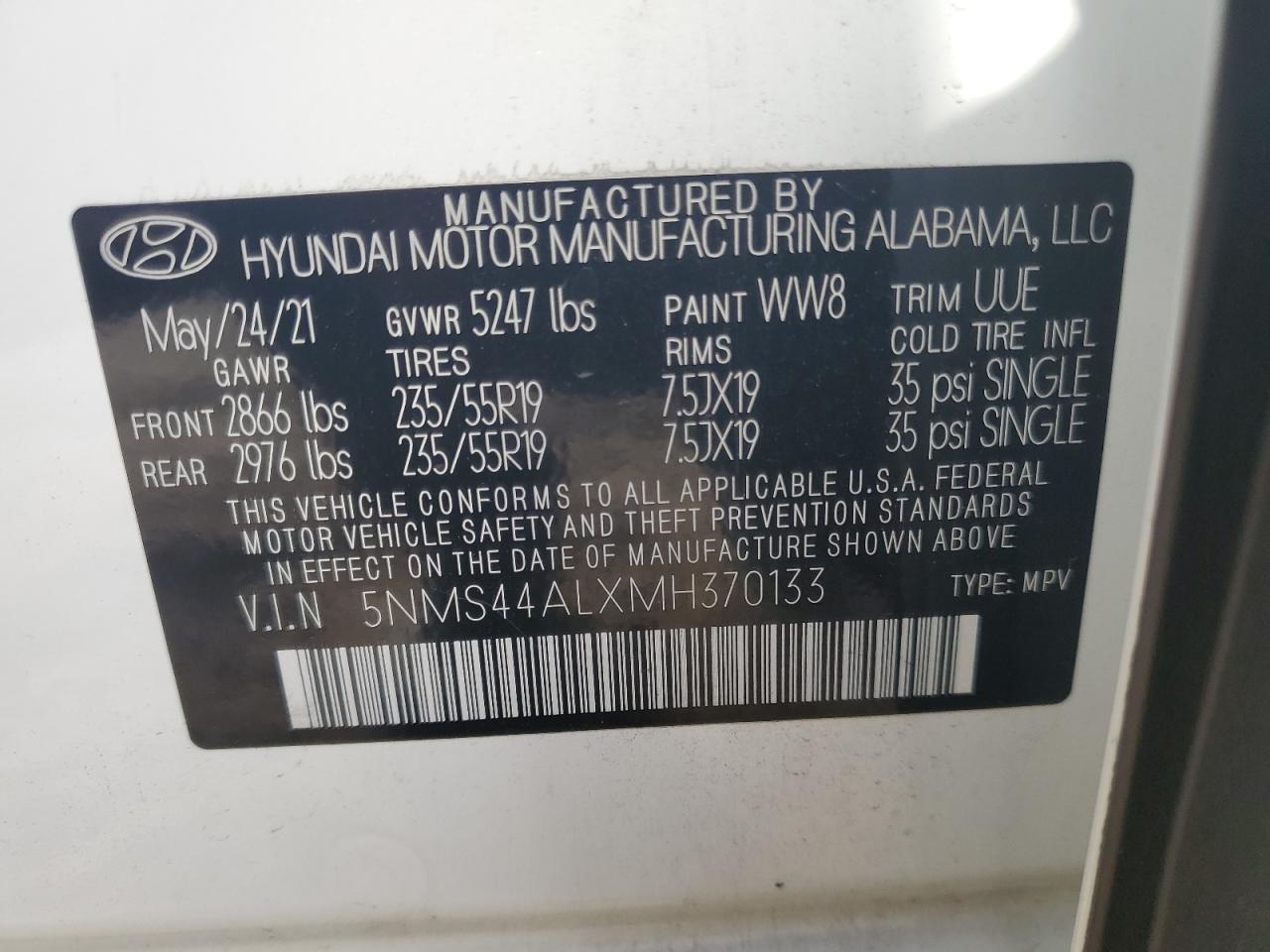 2021 Hyundai Santa Fe Limited VIN: 5NMS44ALXMH370133 Lot: 85187855