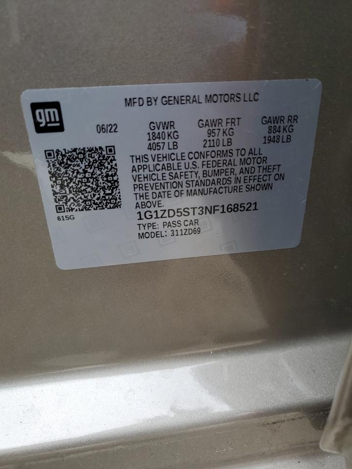 2022 Chevrolet Malibu Lt VIN: 1G1ZD5ST3NF168521 Lot: 85922195