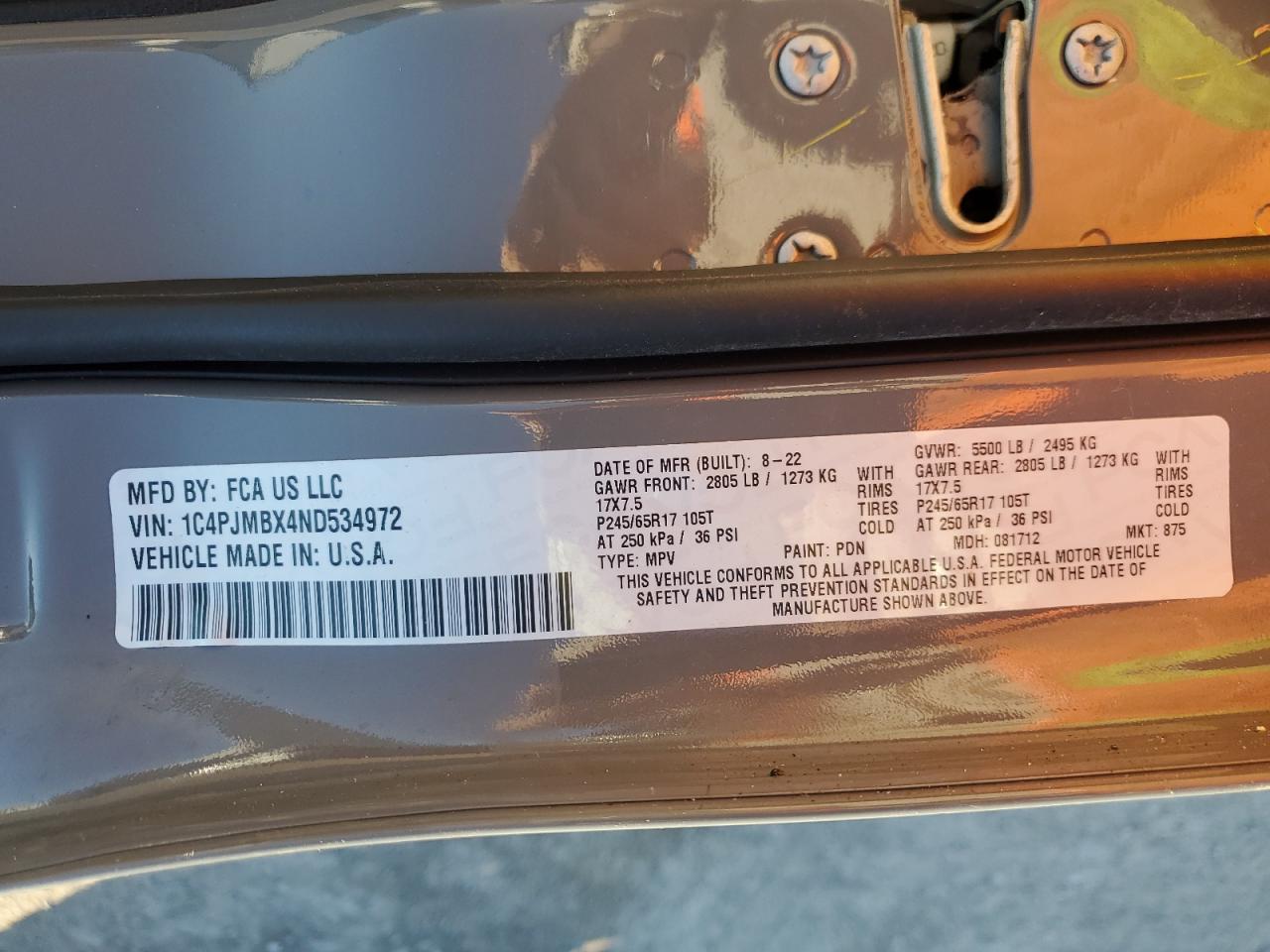 2022 Jeep Cherokee Trailhawk VIN: 1C4PJMBX4ND534972 Lot: 82195915