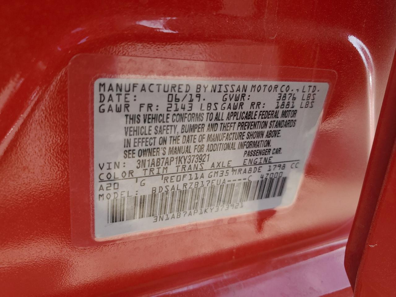 2019 Nissan Sentra S VIN: 3N1AB7AP1KY373921 Lot: 84797115